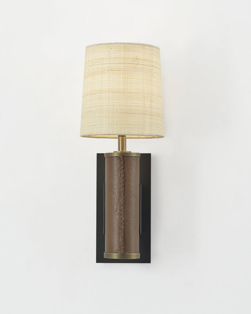 Patinated Steel and Light Antique Brass with Brown Leather and Raffia Shade
