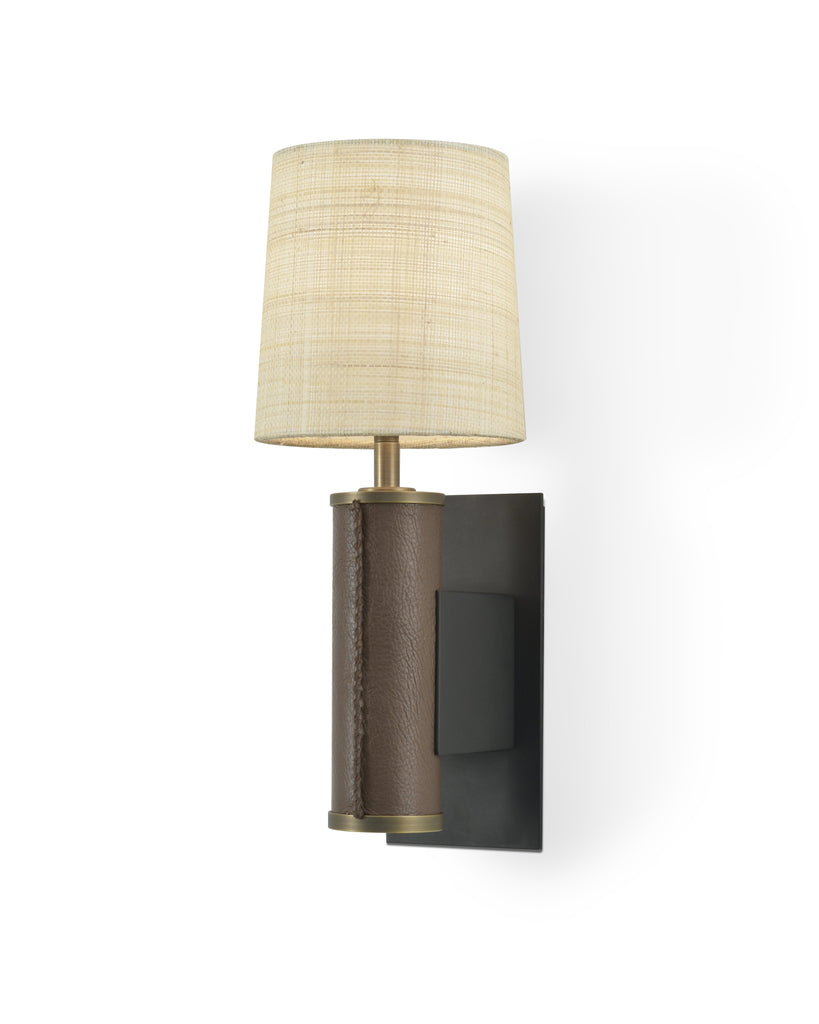 Patinated Steel and Light Antique Brass with Brown Leather and Raffia Shade