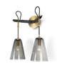 Vail Double Sconce in Light Antique Brass and Patinated Steel with Smoke Glass