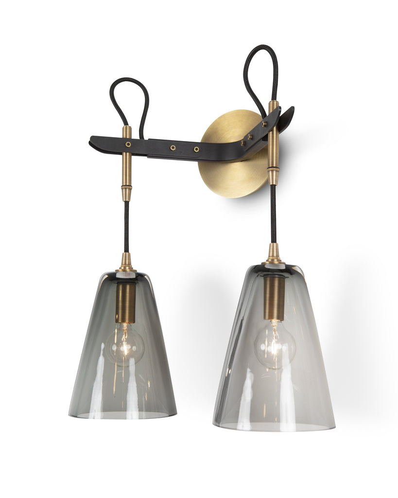 Vail Double Sconce in Light Antique Brass and Patinated Steel with Smoke Glass